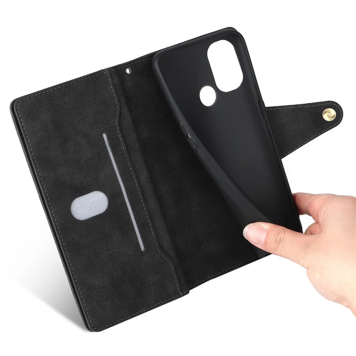 For OnePlus Nord N100 Case Zipper Pocket PU Leather Stand Rivet Decor Phone Cover - Black - 6