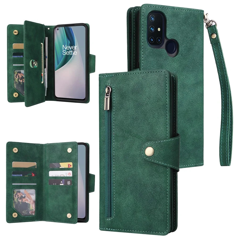 For OnePlus Nord N10 5G Cell Phone Case PU Leather Wallet Cover with Rivet Decor - Green - 1
