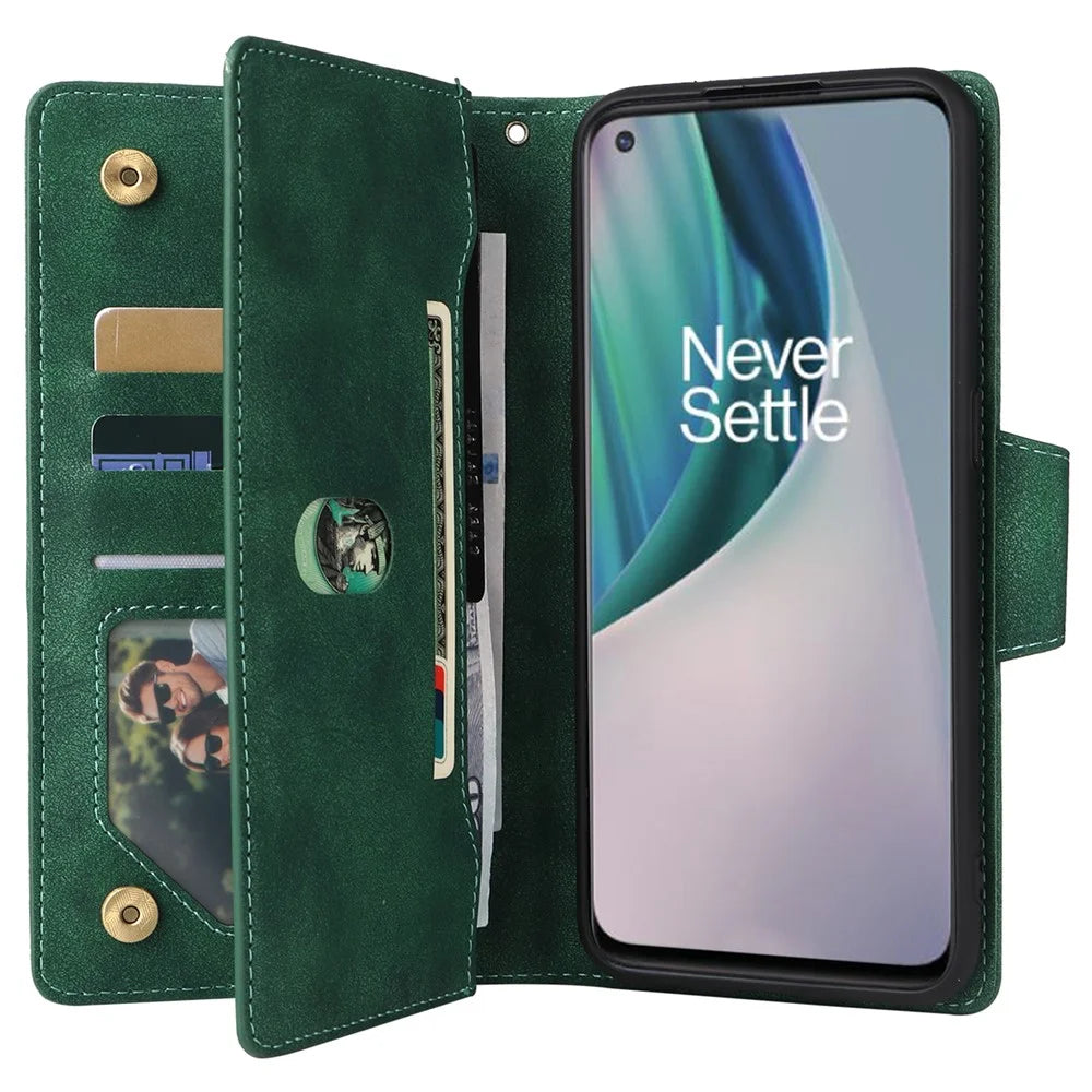 For OnePlus Nord N10 5G Cell Phone Case PU Leather Wallet Cover with Rivet Decor - Green - 2