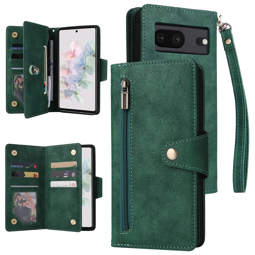 For Google Pixel 7 5G Case Multiple Card Slots Rivet Decor Leather Stand Phone Cover - Green - 1
