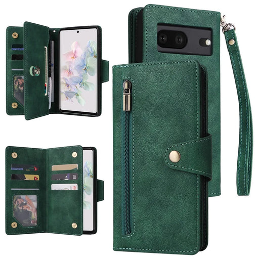 For Google Pixel 7 5G Case Multiple Card Slots Rivet Decor Leather Stand Phone Cover - Green - 1