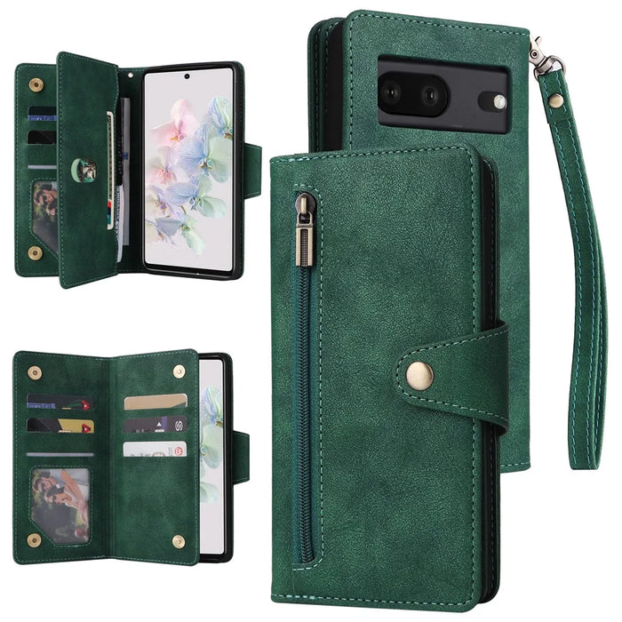 For Google Pixel 7 5G Case Multiple Card Slots Rivet Decor Leather Stand Phone Cover - Green - 1