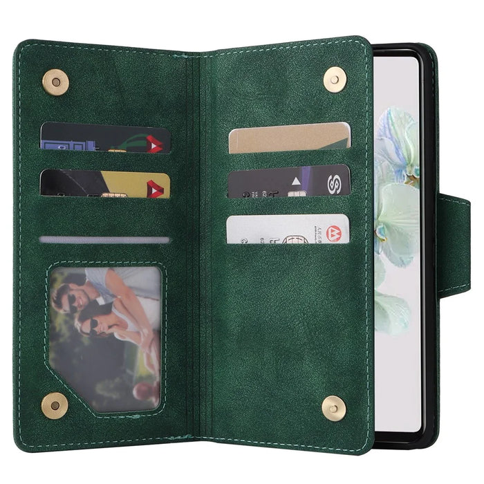 For Google Pixel 7 5G Case Multiple Card Slots Rivet Decor Leather Stand Phone Cover - Green - 3