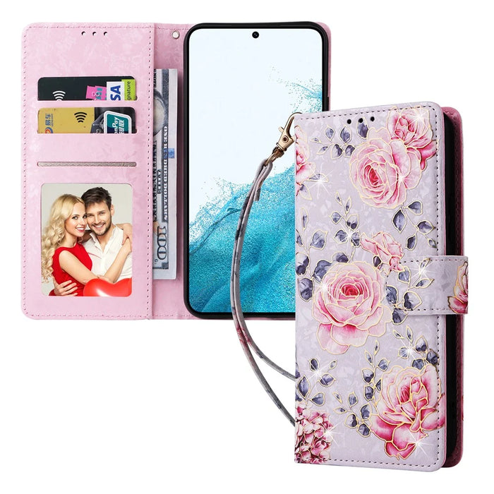 For Samsung Galaxy A54 5G Case RFID Blocking Magnetic Phone Cover with Lacquered Design - Rose Flower - 5