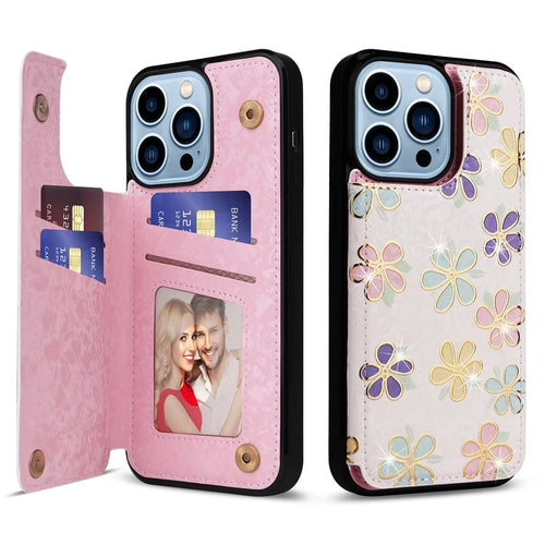 For iPhone 13 Pro Max Case Kickstand Card Slots Anti-Dorp Phone Shell - Flowers - 1