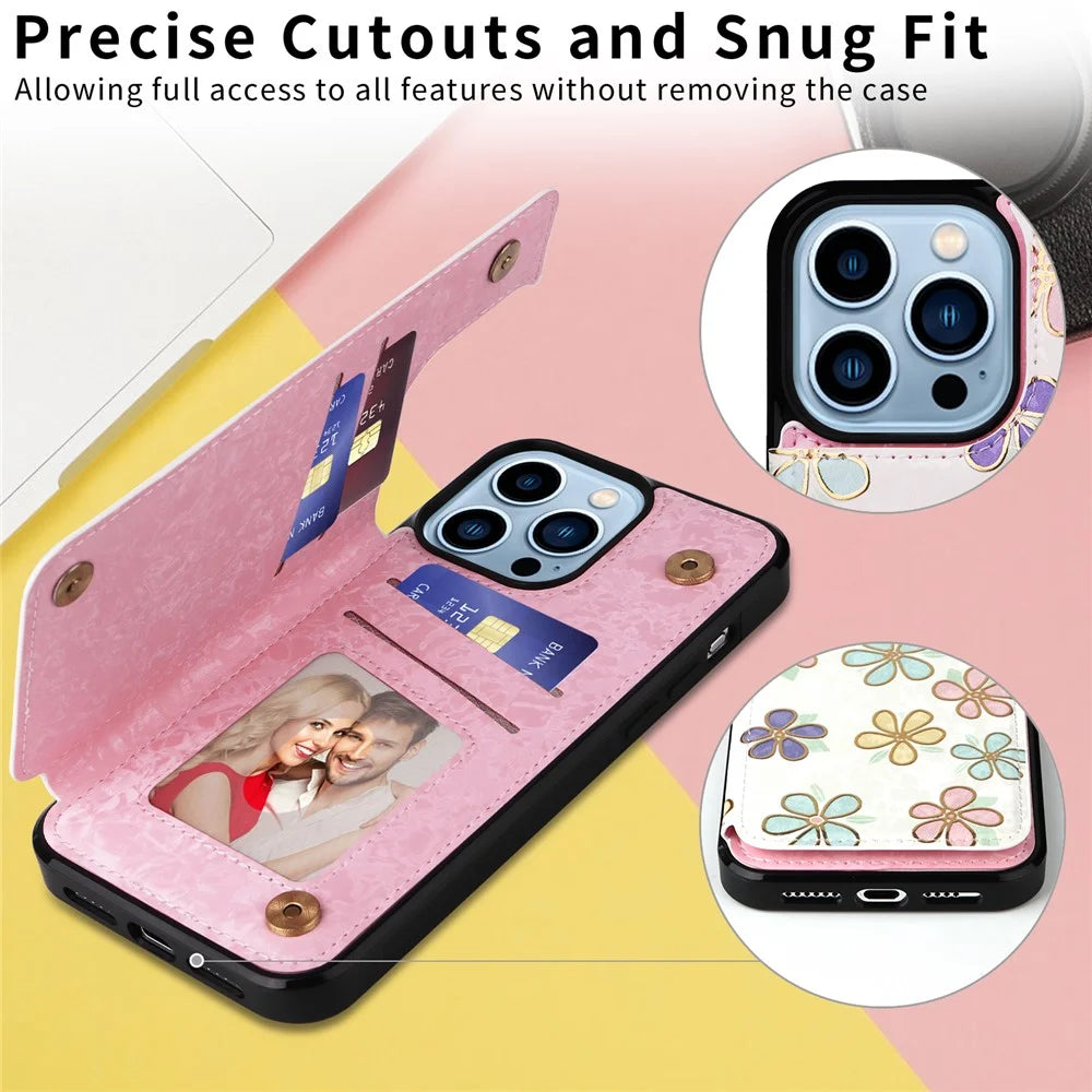 For iPhone 13 Pro Max Case Kickstand Card Slots Anti-Dorp Phone Shell - Flowers - 4