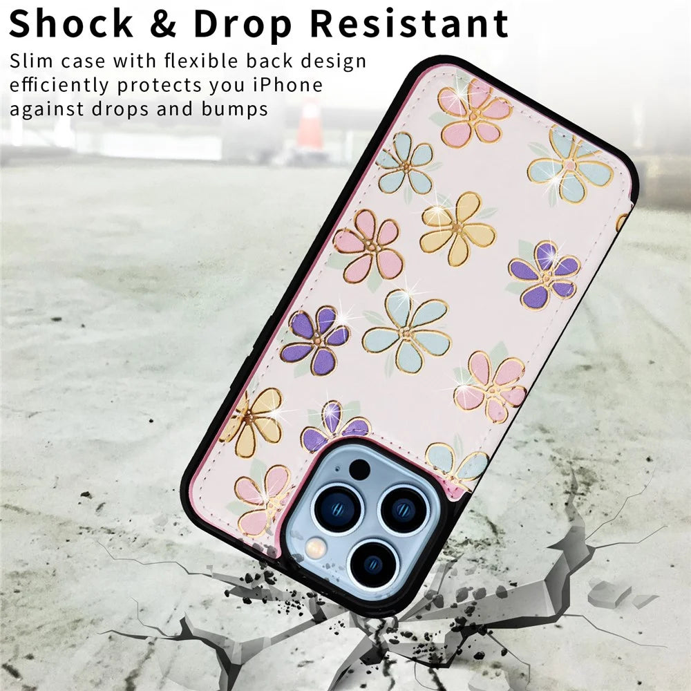 For iPhone 13 Pro Max Case Kickstand Card Slots Anti-Dorp Phone Shell - Flowers - 6