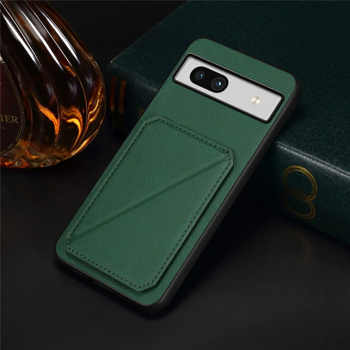 For Google Pixel 7a Case PU Leather+PC+TPU Hidden Back Card Holder Phone Cover - Green - 5