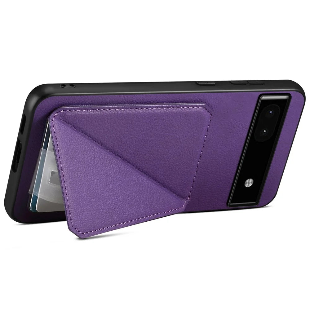 For Google Pixel 6a Case Kickstand Leather+PC+TPU Cell Phone Case with Card Holder - Purple - 3