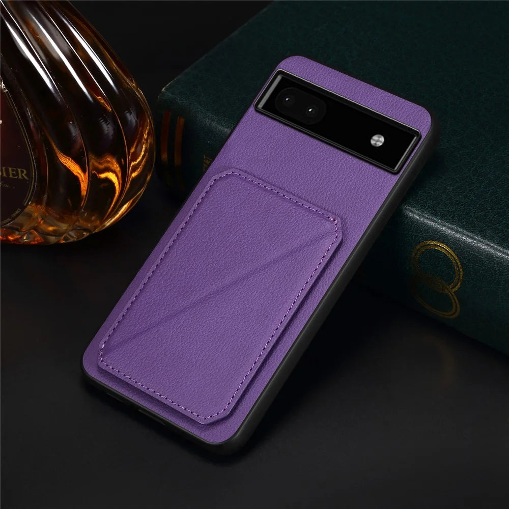 For Google Pixel 6a Case Kickstand Leather+PC+TPU Cell Phone Case with Card Holder - Purple - 5