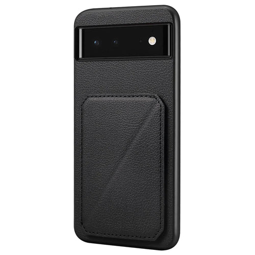 For Google Pixel 6 Case Kickstand Calf Textured Leather+PC+TPU Phone Shell - Black - 1