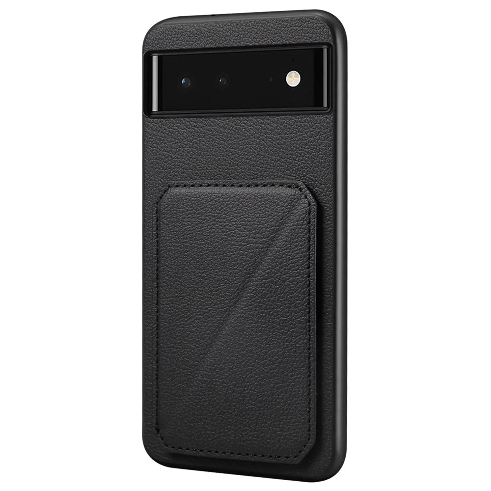For Google Pixel 6 Case Kickstand Calf Textured Leather+PC+TPU Phone Shell - Black - 1