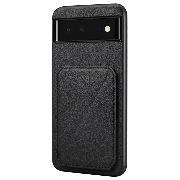 For Google Pixel 6 Case Kickstand Calf Textured Leather+PC+TPU Phone Shell - Black - 1