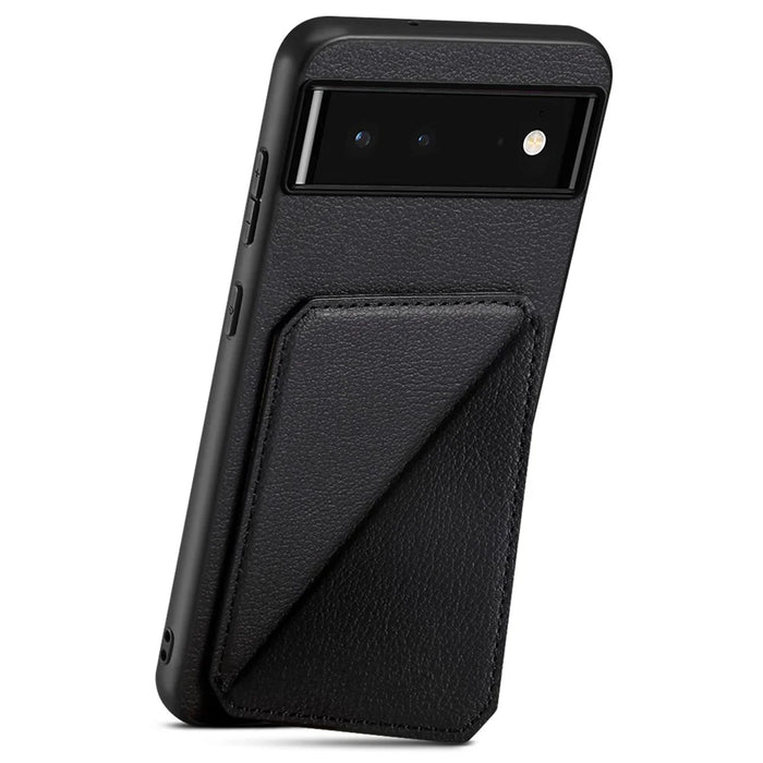 For Google Pixel 6 Case Kickstand Calf Textured Leather+PC+TPU Phone Shell - Black - 2