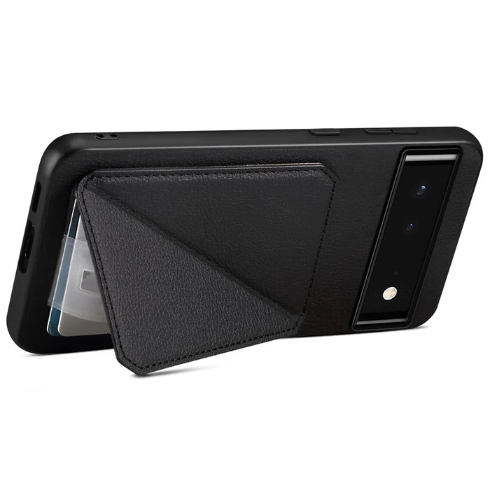 For Google Pixel 6 Case Kickstand Calf Textured Leather+PC+TPU Phone Shell - Black - 3