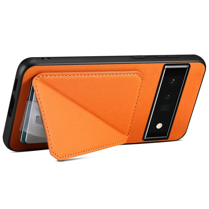For Google Pixel 6 Pro 5G Case Card Holder Kickstand Feature PU Leather Back Cover - Orange - 3