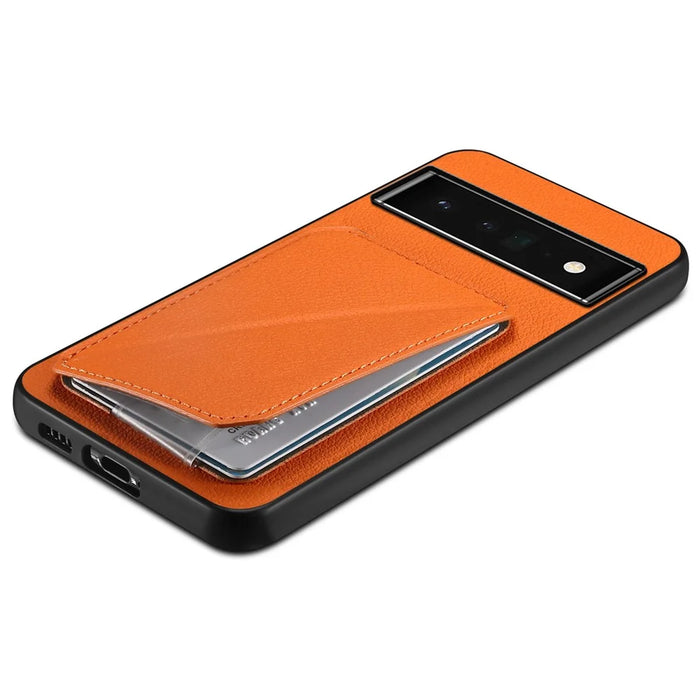 For Google Pixel 6 Pro 5G Case Card Holder Kickstand Feature PU Leather Back Cover - Orange - 4