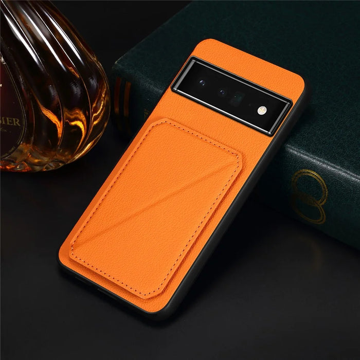For Google Pixel 6 Pro 5G Case Card Holder Kickstand Feature PU Leather Back Cover - Orange - 5