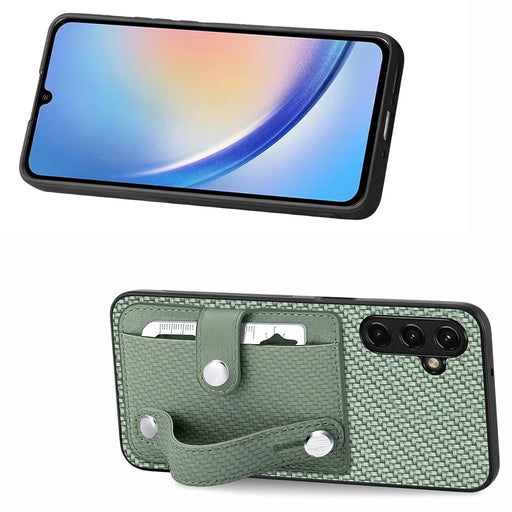 C1-01 For Samsung Galaxy A34 5G Wristband Design Card Holder Leather Coating Phone Cover - Green - 2