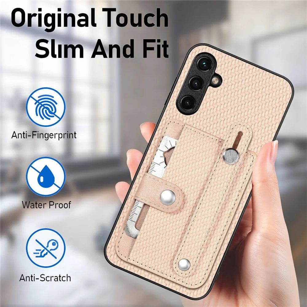 C1-01 For Samsung Galaxy A34 5G Wristband Design Card Holder Leather Coating Phone Cover - Green - 4