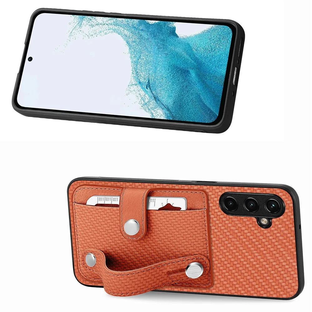 C1-01 For Samsung Galaxy A55 5G Slim-Fit Cover Card Holder Wristband PU Leather+TPU+PC Phone Case - Brown - 2