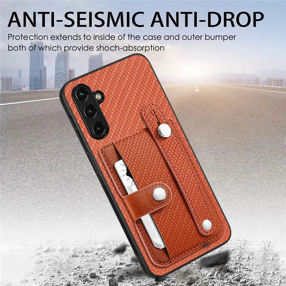 C1-01 For Samsung Galaxy A55 5G Slim-Fit Cover Card Holder Wristband PU Leather+TPU+PC Phone Case - Brown - 5