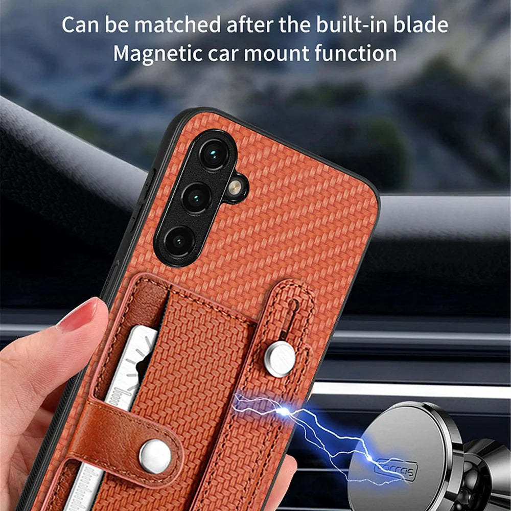 C1-01 For Samsung Galaxy A55 5G Slim-Fit Cover Card Holder Wristband PU Leather+TPU+PC Phone Case - Brown - 6