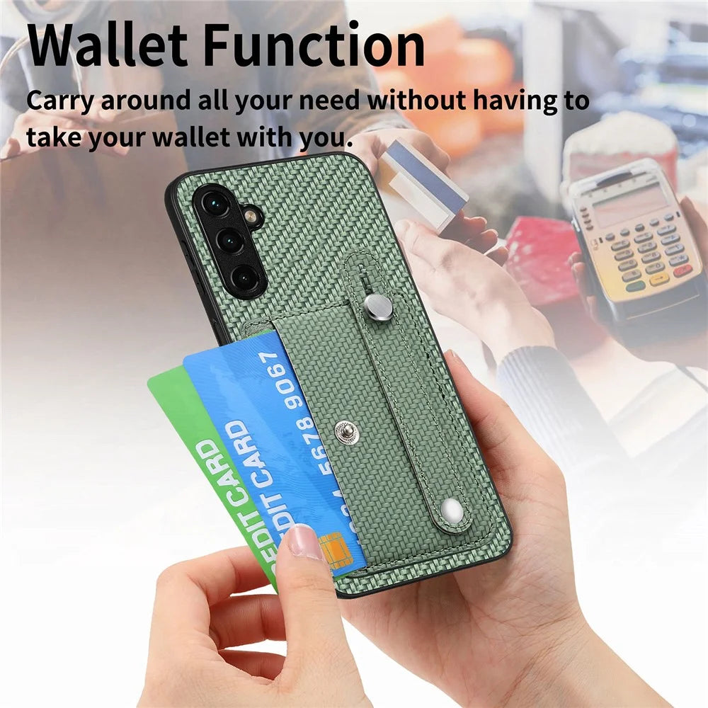 C1-01 For Samsung Galaxy A55 5G Slim-Fit Cover Card Holder Wristband PU Leather+TPU+PC Phone Case - Brown - 7
