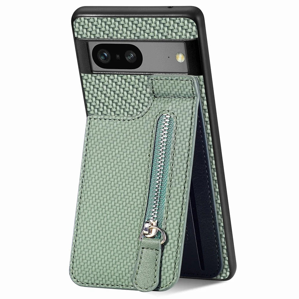 C1-03 For Google Pixel 7a Case Card Slots Vertical Kickstand Carbon Fiber Phone Cover - Green - 1