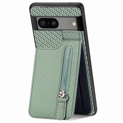 C1-03 For Google Pixel 7a Case Card Slots Vertical Kickstand Carbon Fiber Phone Cover - Green - 1