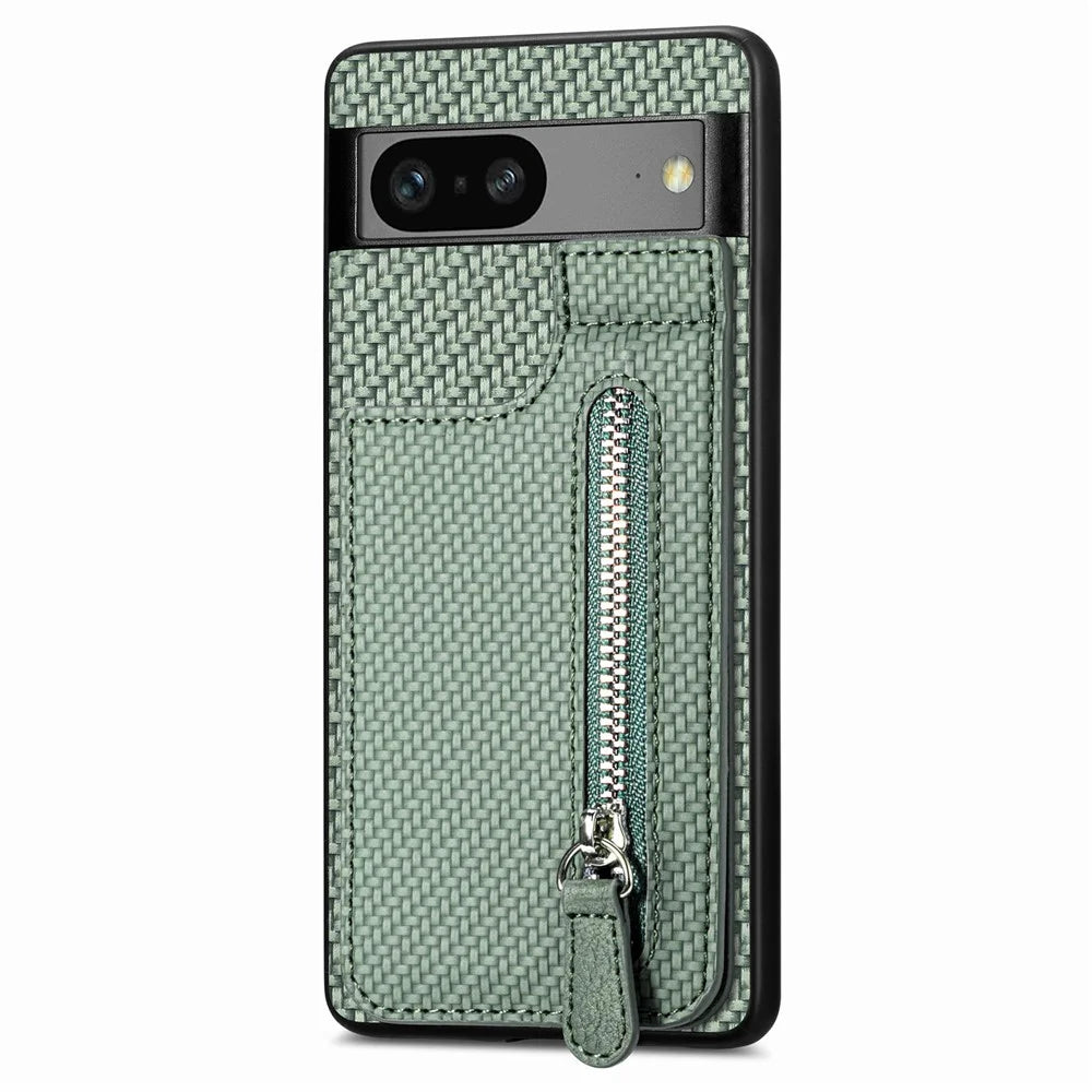 C1-03 For Google Pixel 7a Case Card Slots Vertical Kickstand Carbon Fiber Phone Cover - Green - 2