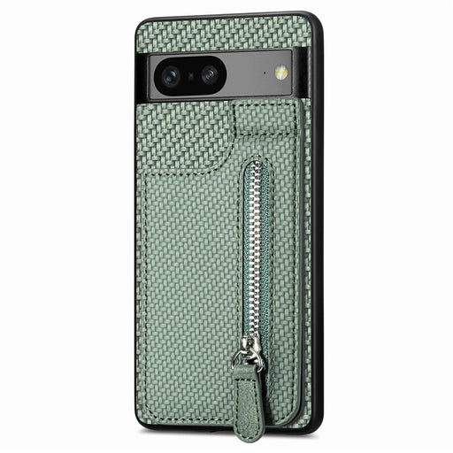 C1-03 For Google Pixel 7a Case Card Slots Vertical Kickstand Carbon Fiber Phone Cover - Green - 2