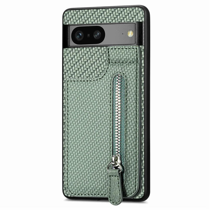C1-03 For Google Pixel 7a Case Card Slots Vertical Kickstand Carbon Fiber Phone Cover - Green - 2