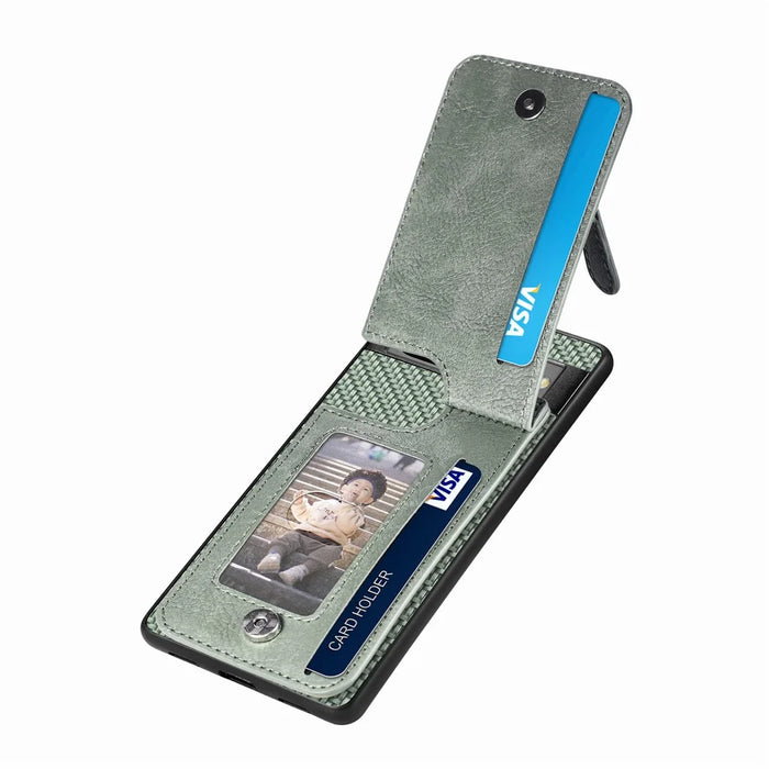 C1-03 For Google Pixel 7a Case Card Slots Vertical Kickstand Carbon Fiber Phone Cover - Green - 3