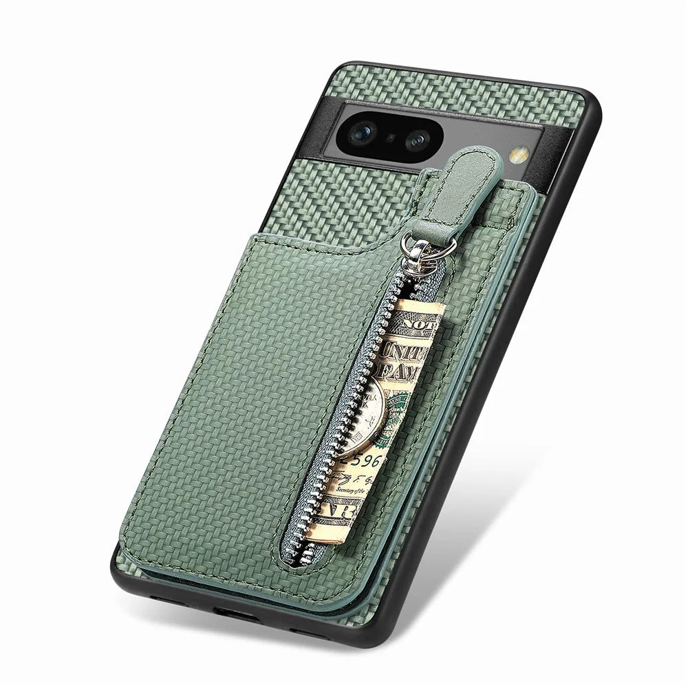 C1-03 For Google Pixel 7a Case Card Slots Vertical Kickstand Carbon Fiber Phone Cover - Green - 4
