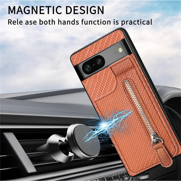 C1-03 For Google Pixel 7a Case Card Slots Vertical Kickstand Carbon Fiber Phone Cover - Green - 5