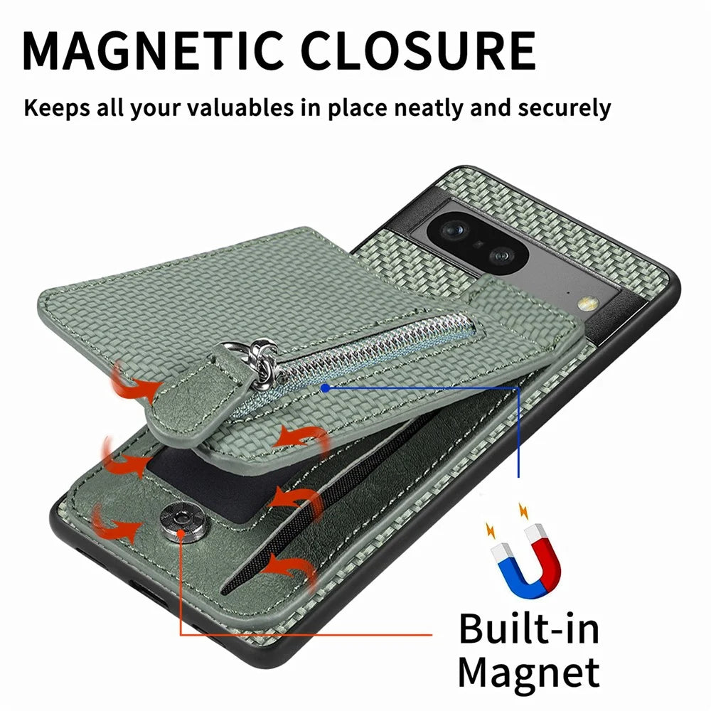 C1-03 For Google Pixel 7a Case Card Slots Vertical Kickstand Carbon Fiber Phone Cover - Green - 6