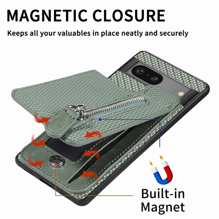 C1-03 For Google Pixel 7a Case Card Slots Vertical Kickstand Carbon Fiber Phone Cover - Green - 6