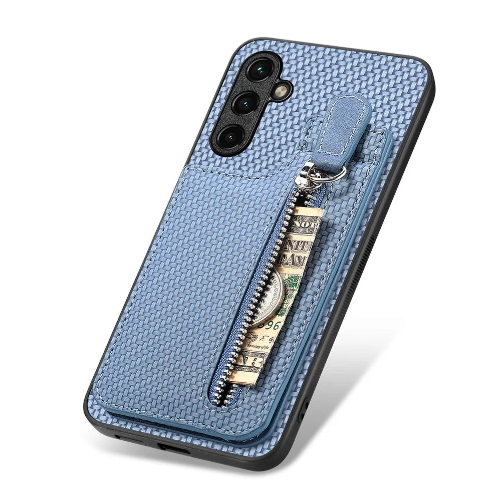 C1-03 For Samsung Galaxy A55 5G Case Drop-resistant Leather Coated TPU+PC Vertical Kickstand Phone Cover - Blue - 4