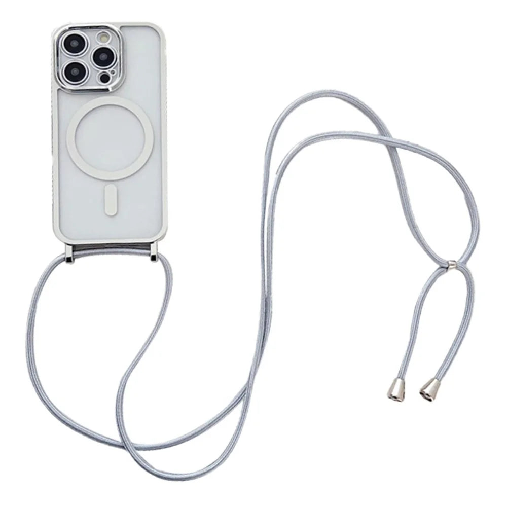 For iPhone 12 Pro Magnetic Case Crossbody Lanyard TPU Phone Cover - Silver - 1