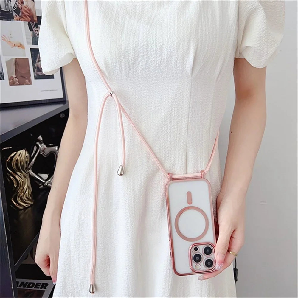 For iPhone 12 Pro Magnetic Case Crossbody Lanyard TPU Phone Cover - Silver - 2