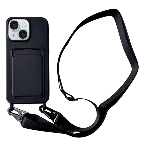 For iPhone 15 Plus Crossbody Lanyard Case Card Slot Liquid Silicone Phone Cover - Black - 1