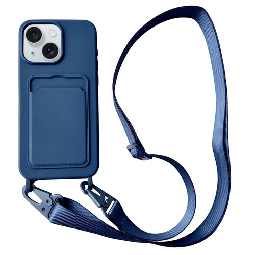 For iPhone 15  Liquid Silicone Case Card Slot Phone Cover with Adjustable Neck Cord - Navy Blue - 1