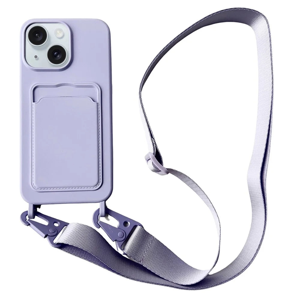 For iPhone 14 Plus Case Liquid Silicone Card Holder Adjustable Strap Phone Cover - Purple - 1