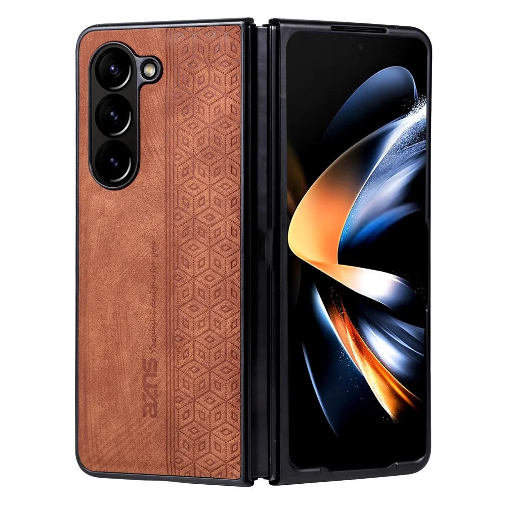 AZNS For Samsung Galaxy Z Fold6 5G Case PU Leather+Hard PC Non-Slip Grip Phone Cover - Brown - 1