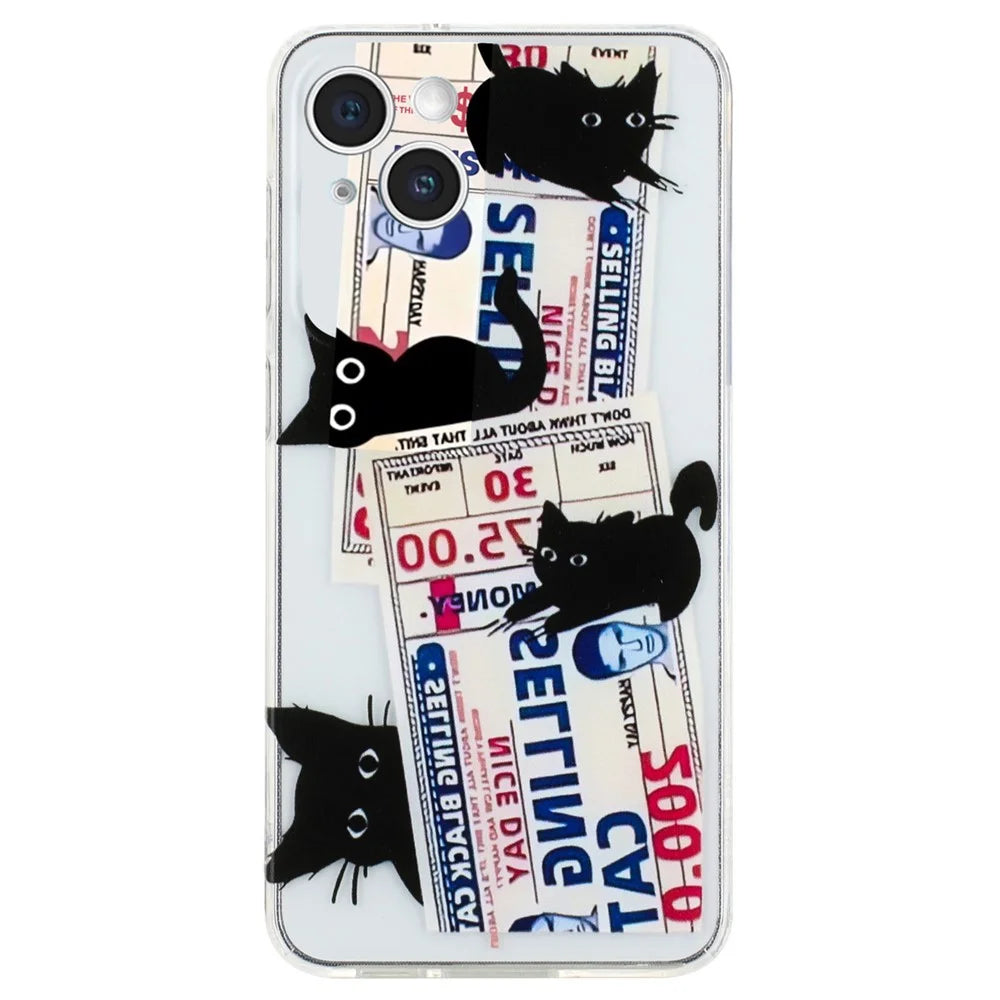 For iPhone 15 Case Flexible TPU Pattern Printing Phone Back Shell - Black Cat - 1