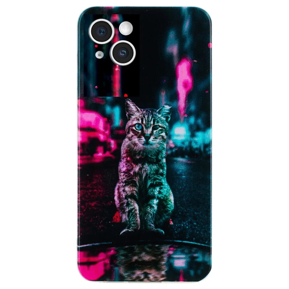 For iPhone 15 Plus Case Pattern Printing TPU Anti-scratch Cell Phone Cover - Light and Cat - 1