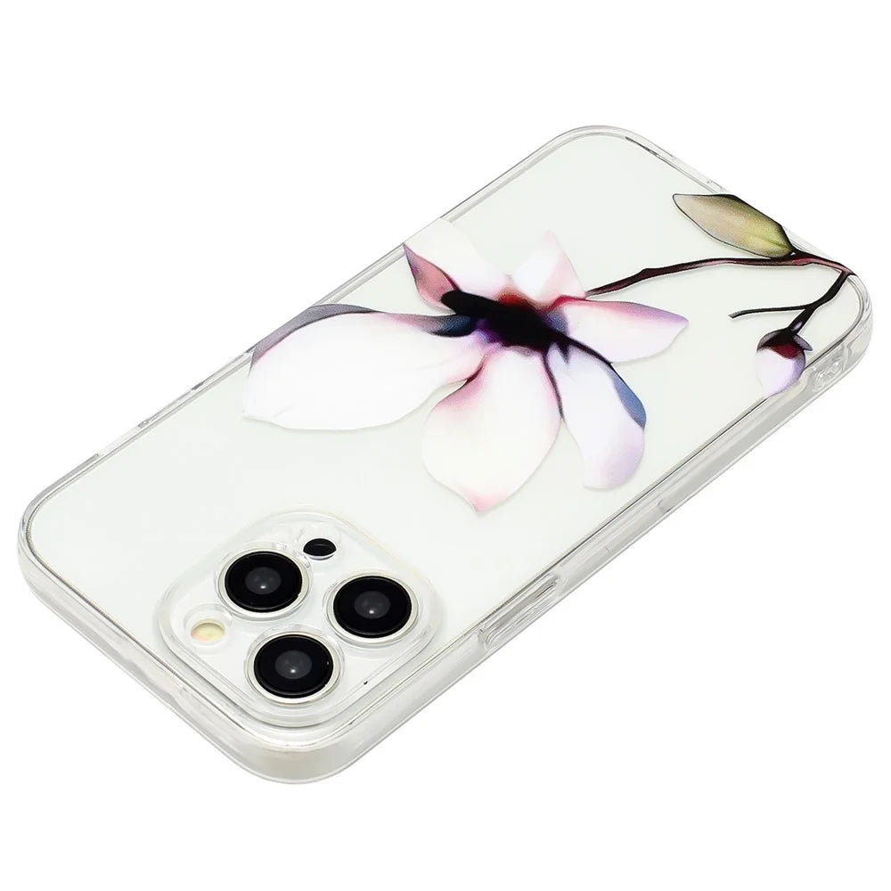 For iPhone 14 Pro Case Pattern Printing TPU Drop-proof Phone Cover - White Flower - 3