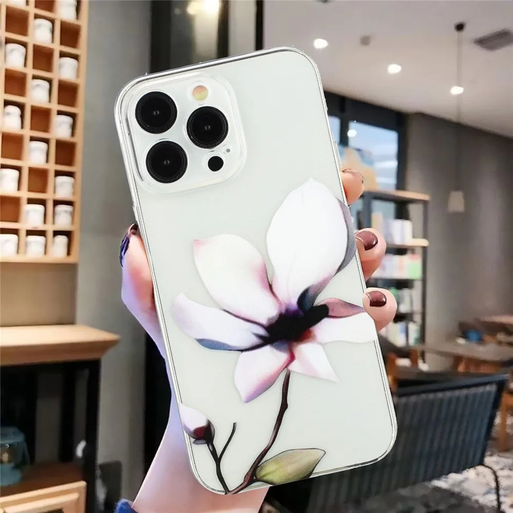 For iPhone 14 Pro Case Pattern Printing TPU Drop-proof Phone Cover - White Flower - 4