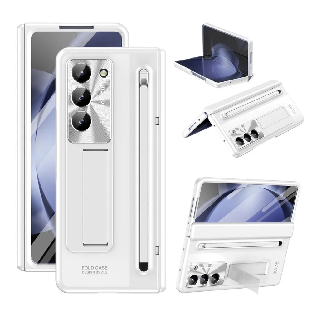 For Samsung Galaxy Z Fold5 5G Case Hinge PC Kickstand Phone Cover with Tempered Glass Film  /  Stylus - White - 1